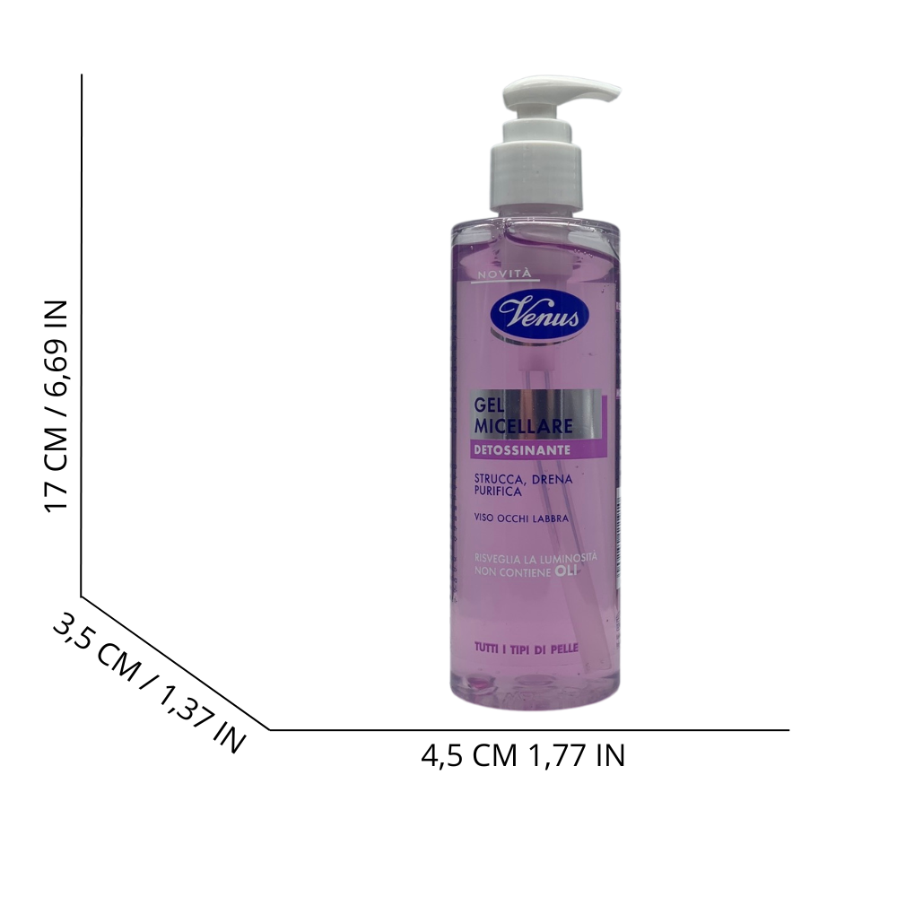 VENUS Gel Micellare DETOSSINANTE, Per Tutti i Tipi Di Pelle. Strucca, Drena e Purifica Per Viso, Occhi e Labbra. Risveglia La Luminosità, Non Contiene Oli 200ml