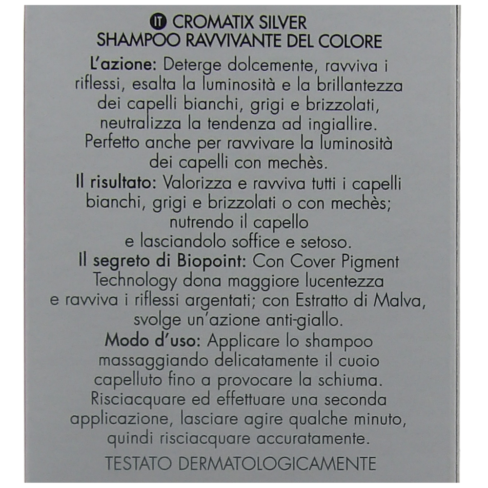 BIOPOINT Shampoo Ravvivante CROMATIX SILVER, Azione Anti-Giallo. Per Capelli Bianchi, Grigi e Biondi. Con Cover Pigment Technology e Estratto Di Malva 200ml