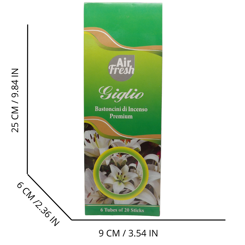 AIR FRESH Incenso Aromatico, Ottenuto Da Miscele Di Erbe, Cortecce, Fiori Ed Essenza Profumate. Ottimo Per Profumare Ambienti. Confezione Da 6 Astucci Da 20 Stick Ognuno (GIGLIO)