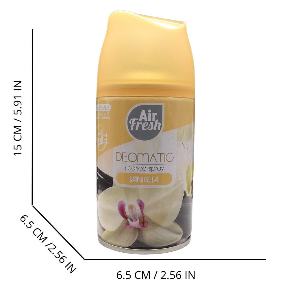 AIR FRESH Ricarica Spray Compatibile con gli Erogatori Automatici, Ideato per Donare ai Tuoi Ambienti un Piacevole Profumo, 250ml, Disponibile in Diverse Fragranze (Vaniglia)