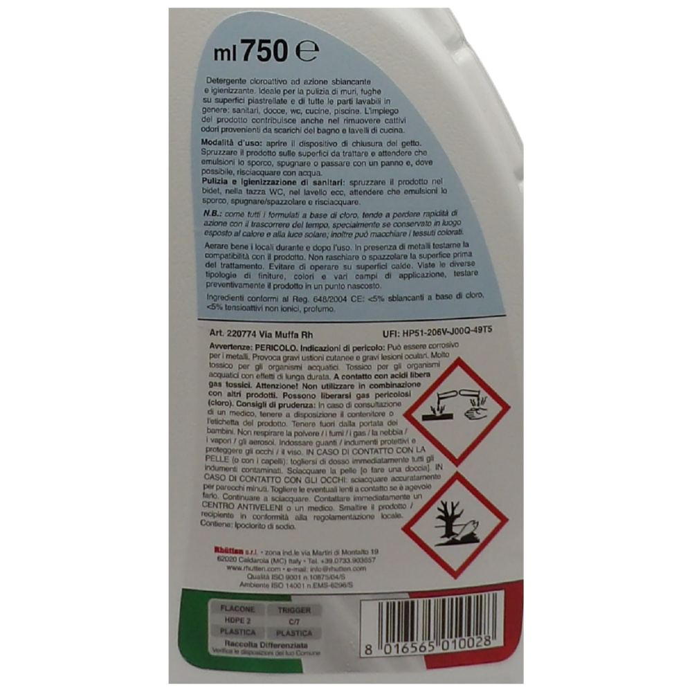 RHUTTEN Detergente Spray VIA MUFFA Rh. Sbianca Le Macchie Nere Di e Igienizza Muri, Piastrelle, Fughe, 750ml