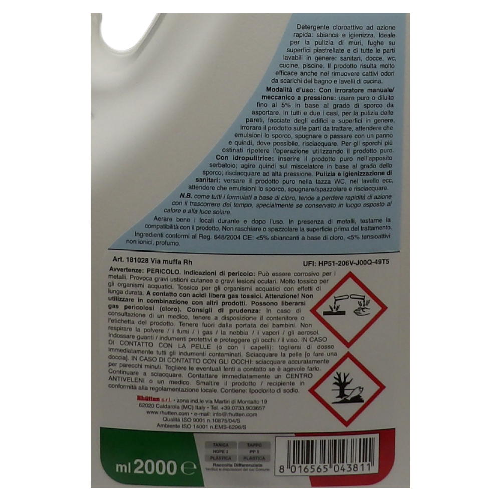 RHUTTEN Tanica Detergente VIA MUFFA Rh. Sbianca e Igienizza Muri, Piastrelle, Fughe, etc. Sbianca Le Macchie Nere Di Umidità In Modo Veloce 2L