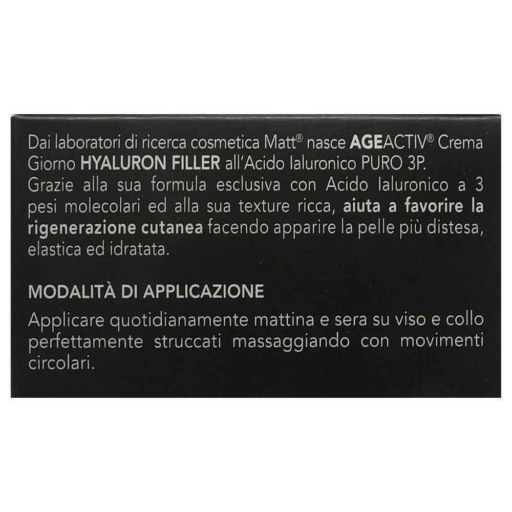 MATT, AGEACTIV Hyaluron Filler, Crema Viso e Collo, con Acido Ialuronico Puro e Filtri Solari SPF 15, Tripla Idratazione, Rigenera e Rimodella la Pelle, Protegge dai Raggi Solari, Senza Profumo, 50 ml
