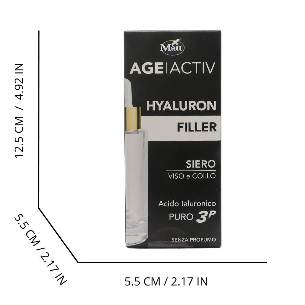 MATT, AGEACTIV Hyaluron Filler, Siero Viso e Collo con Acido Ialuronico Puro, Tripla Idratazione, Rigenera e Rimpolpa la Pelle, Riempie le Rughe, Rimodella i Contorni del Viso, Senza Profumo, 30 ml