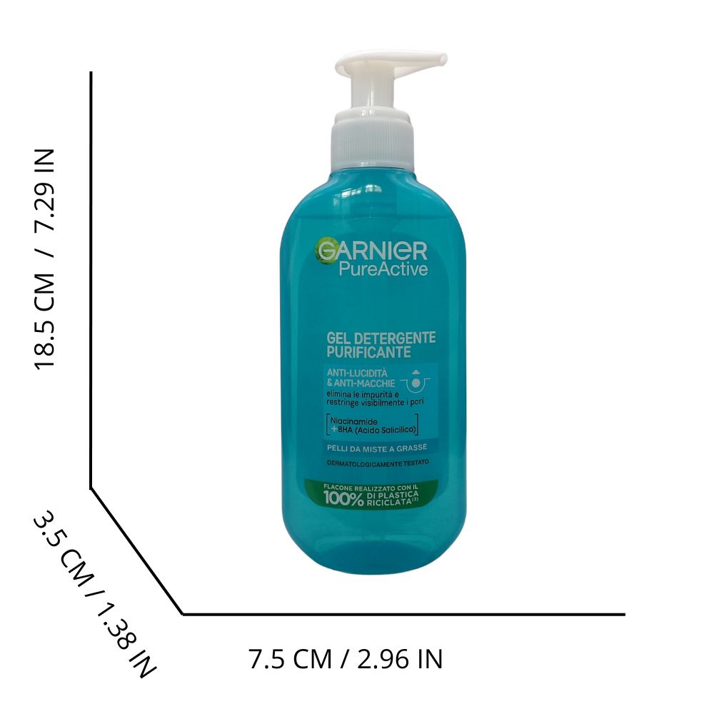 GARNIER Gel Detergente Purificante, Anti-Lucidità & Anti-Macchie, Elimina Le Impurità e Restringe Visibilmente i Pori. Per Pelli Da Miste a Grasse. Con Niacinamide + BHA(Acido Salicilico) 200ml
