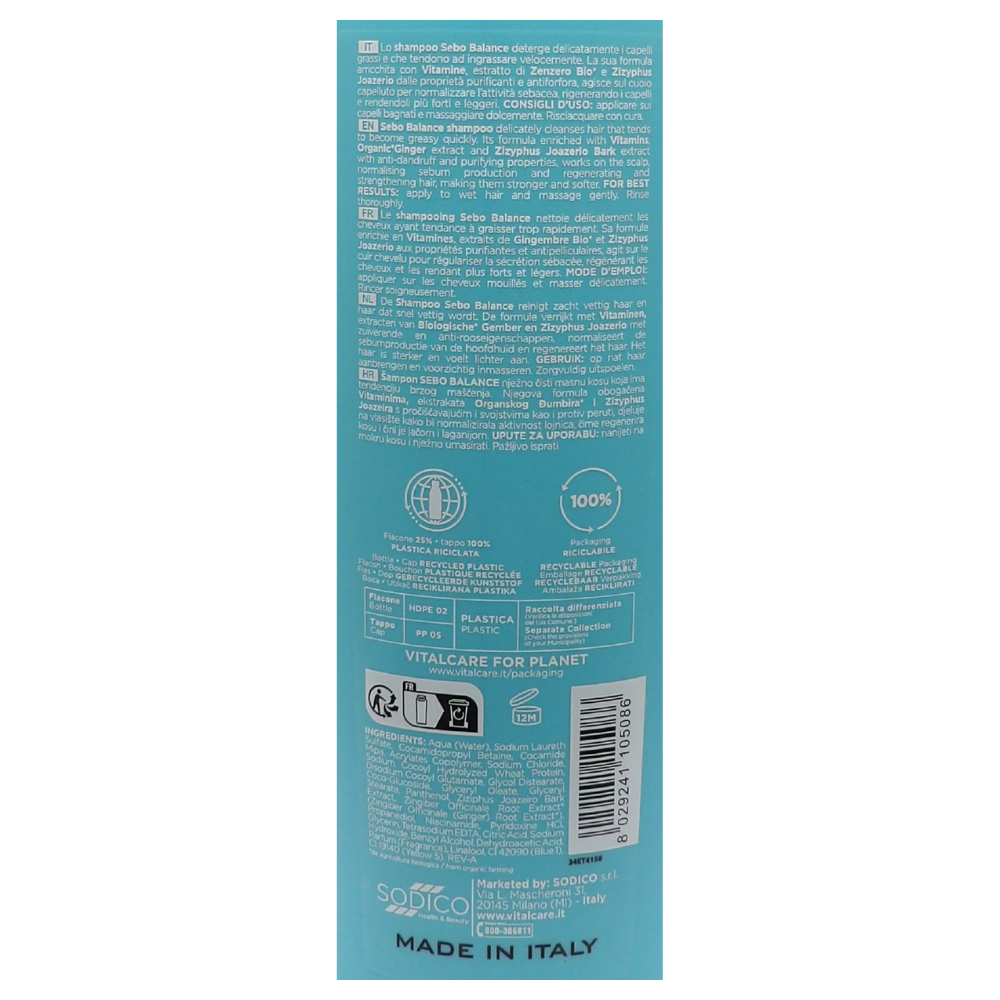 VITALCARE Shampoo Riequilibrante SEBO BALANCE, Con Vitamine e Estratto Di Zenzero. Per Capelli Grassi, Tendenti a Ingrassare 500ml