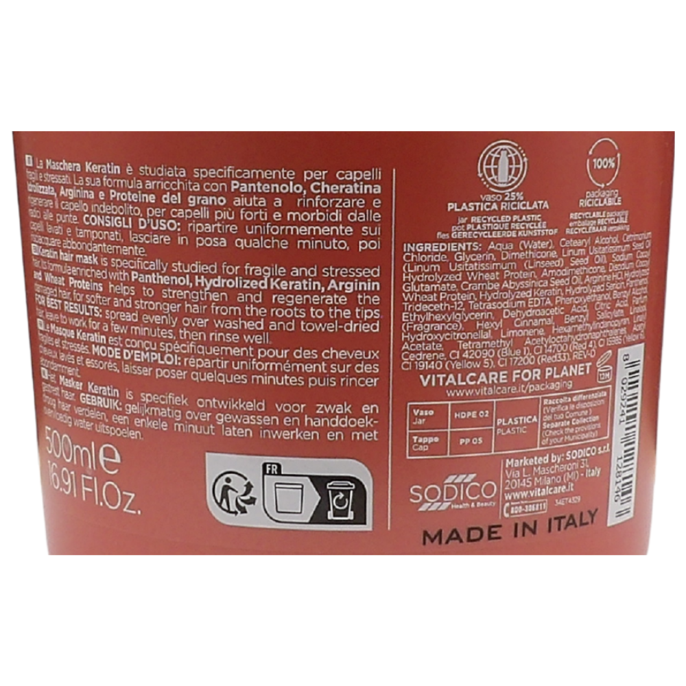 VITALCARE Keratin - Maschera Capelli Rinforzante, per Capelli Fragili e Stressati, con Cheratina e Arginina, per Capelli più Forti e Morbidi, 500 ml