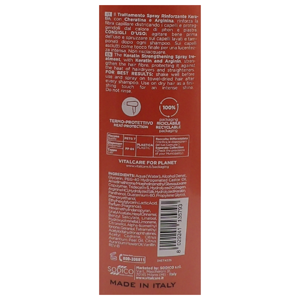 VITALCARE Keratin - Spray Rinforzante e Termoprotettivo, per Capelli Sfibrati, con Cheratina e Arginina, Senza Risciacquo, 125 ml
