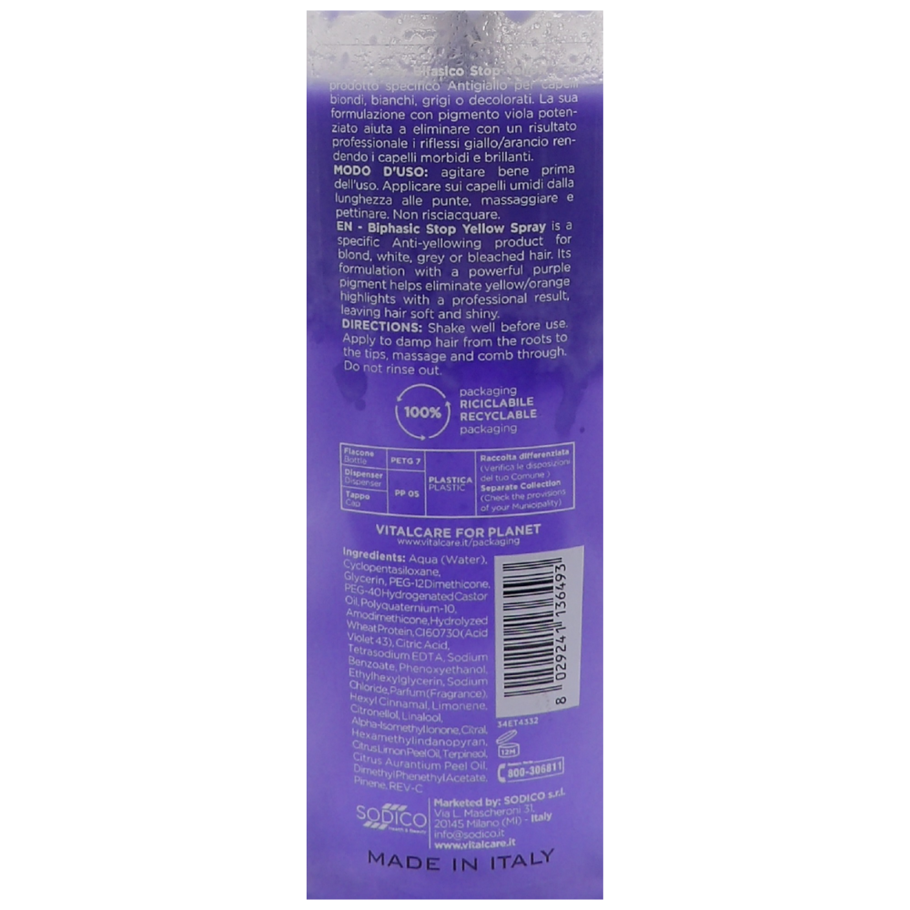 VITALCARE Stop Yellow - Trattamento Bifasico Spray prodotto specificamente formulato per neutralizzare i riflessi giallo/arancio indesiderati su capelli biondi, decolorati, bianchi e grigi