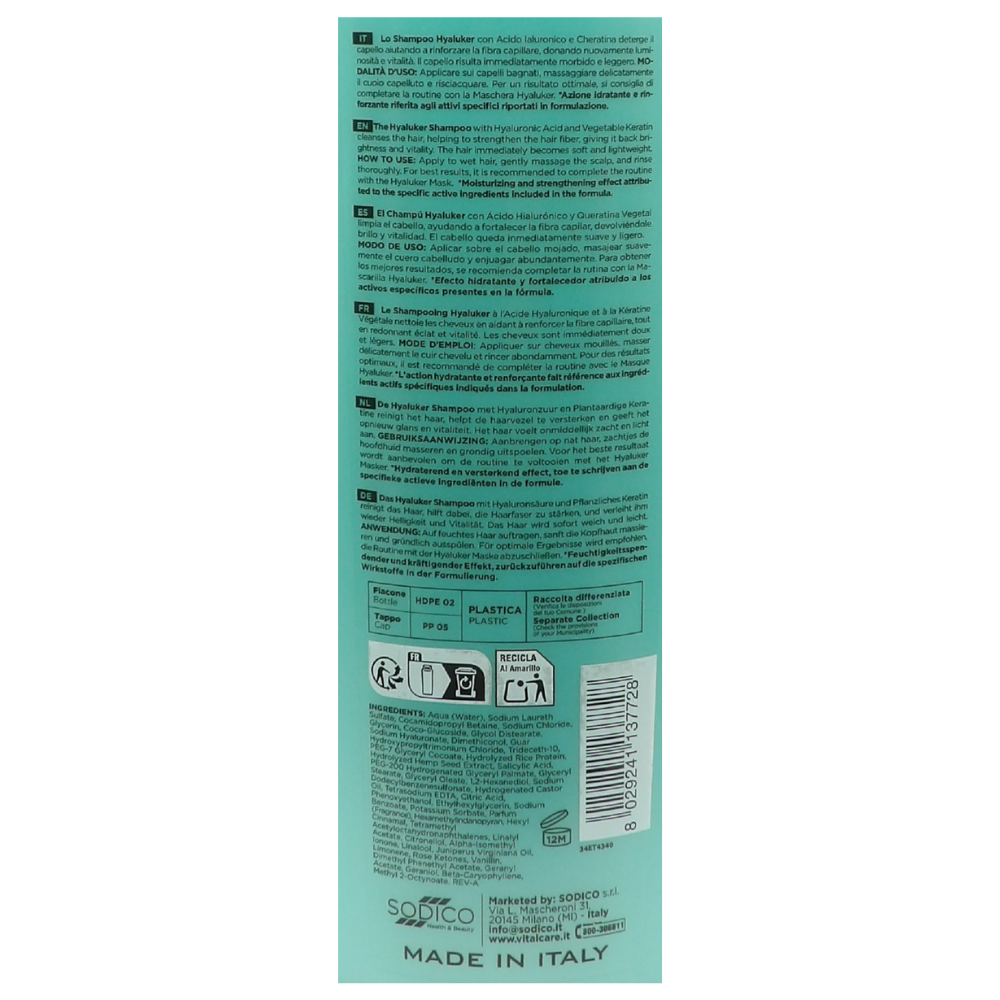 VITALCARE Shampoo HYALUKER Ad Azione Idratante e Rinforzante, Con Acido Ialuronico e Cheratina Vegetale. Dona Luminosità e Vitalità 400ml
