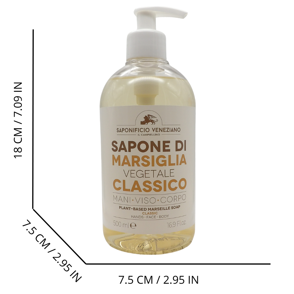 SAPONIFICIO VENEZIANO Sapone Di Marsiglia Vegetale Per Mani, Viso e Corpo. Con Tappo Dosatore 500ml (CLASSICO)