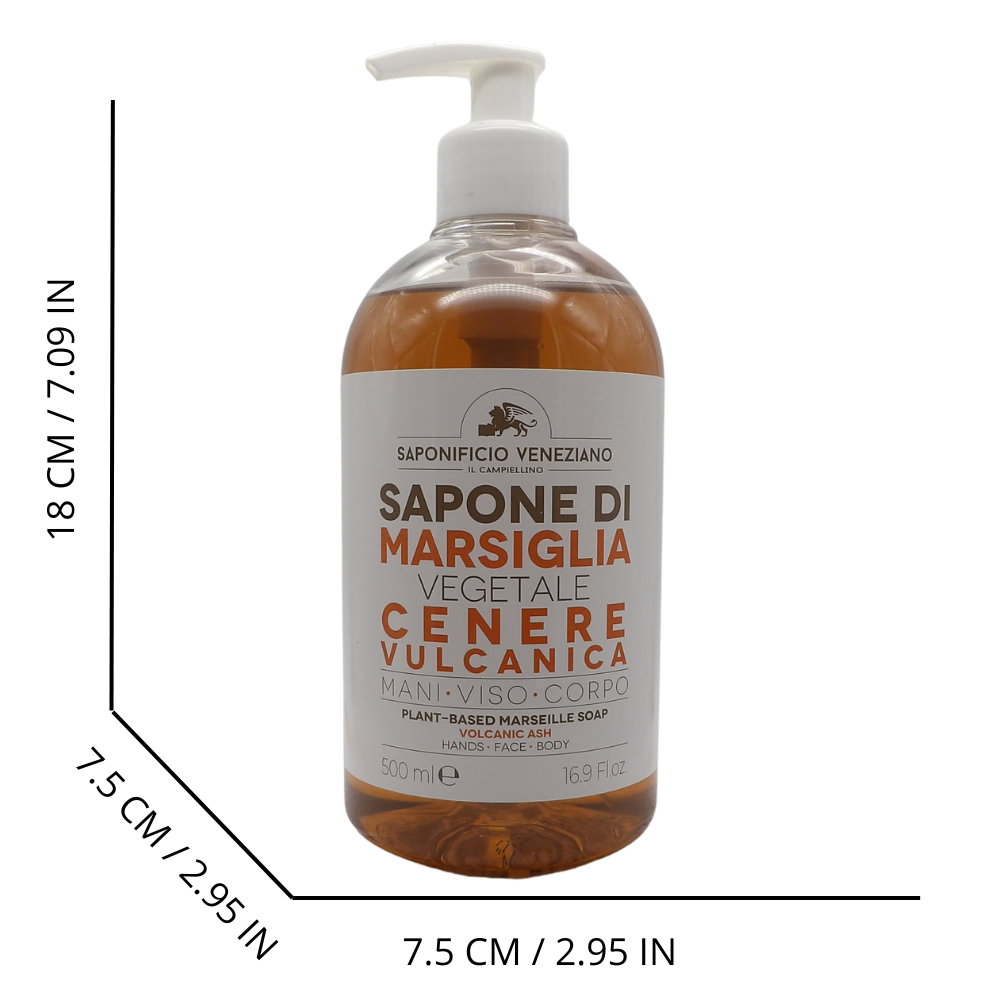 SAPONIFICIO VENEZIANO Sapone Di Marsiglia Vegetale Per Mani, Viso e Corpo. Con Tappo Dosatore 500ml (CENERE VULCANICA)