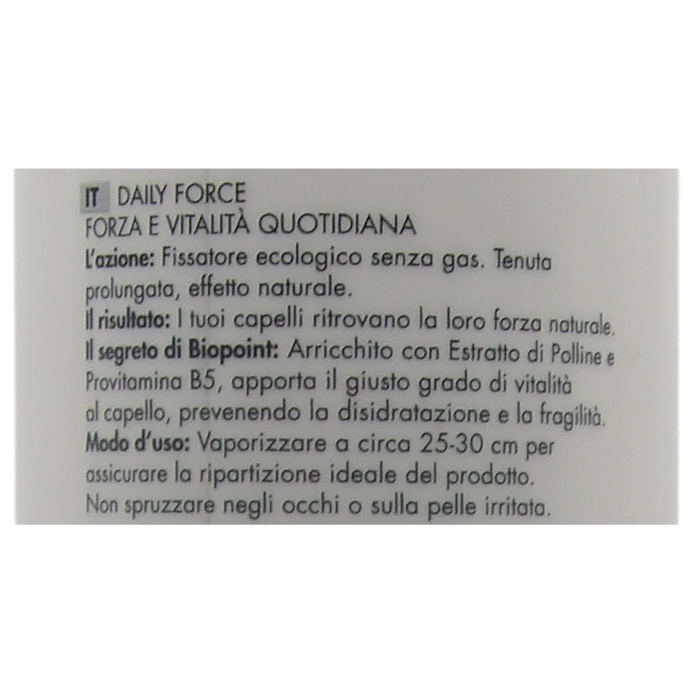 Biopoint Daily Force - Spray Capelli Ecologico a Fissaggio Morbido e Naturale Senza Gas, Azione Protettiva e Rinforzante, Dona Morbidezza e Leggerezza, 250 ml