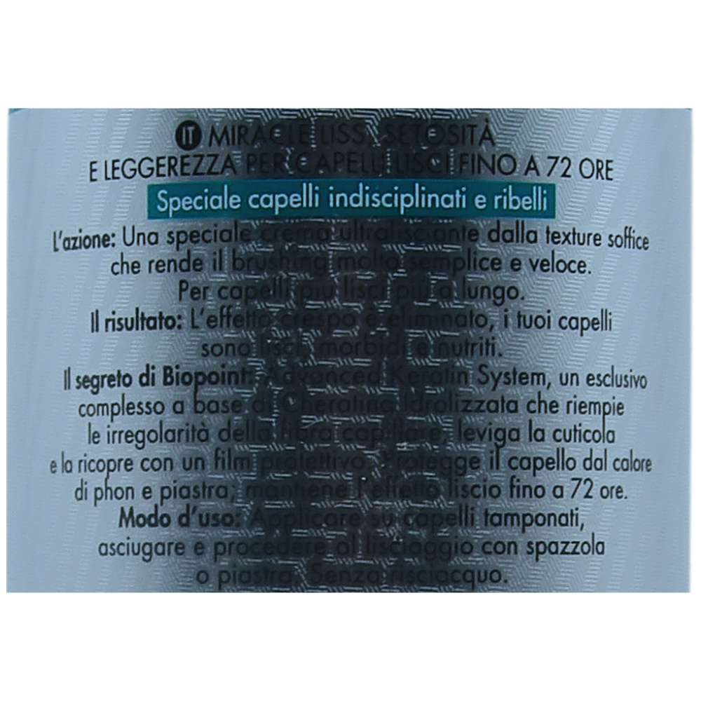 Biopoint Miracle Liss - Crema Capelli Senza Risciacquo Liscio 72h, Azione Ultralisciante, Nutriente e Disciplinante Contro l’Effetto Crespo, 200 ml