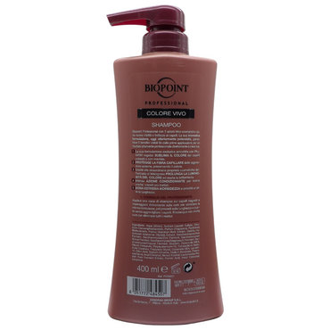 Shampoo Biopoint Professional Colore Vivo 400 ml. Questo shampoo è stato specificamente formulato per restituire vitalità e brillantezza ai capelli colorati o con mèches, proteggendo la fibra capillare dalle aggressioni esterne.