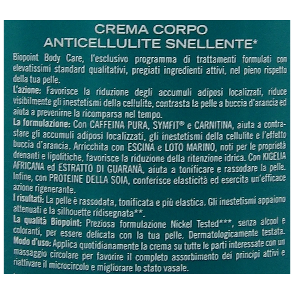 Biopoint - Crema Corpo Anticellulite, Azione Rassodante, Drenante e Tonificante, Favorisce la Riduzione degli Accumuli Adiposi e Contrasta gli Inestetismi della Cellulite, 500 ml