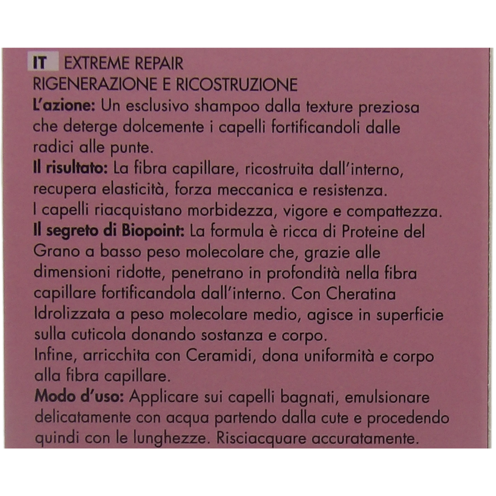 Biopoint Extreme Repair - Shampoo Ricostruzione, Azione Fortificante e Ristrutturante, Deterge Delicatamente e Rigenera i Capelli, 200 ml