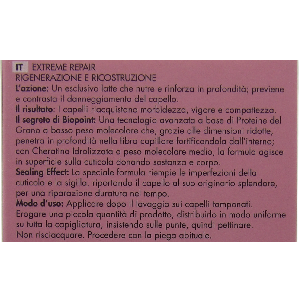 Biopoint Extreme Repair - Latte Riparazione Senza Risciacquo, Azione Idratante, Nutriente e Fortificante, Contrasta il Danneggiamento del Capello, 125 ml
