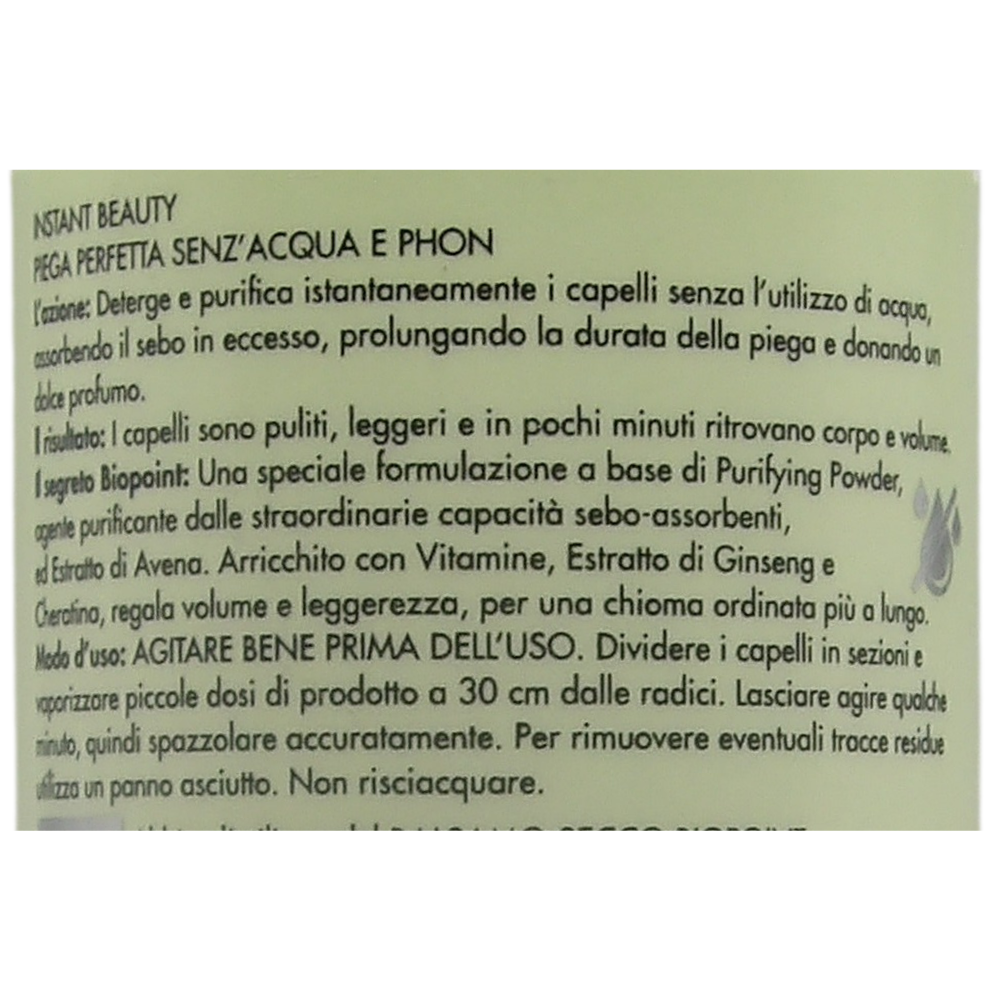 Biopoint Instant Beauty - Shampoo Secco, Deterge e Purifica i Capelli senza Acqua, Assorbe il Sebo in Eccesso, Dona Corpo, Leggerezza e Volume, 150 ml