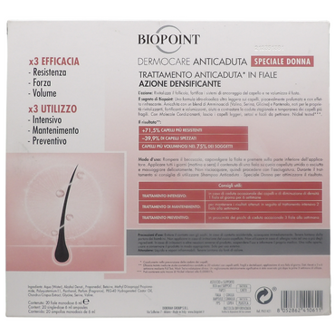 Biopoint Dermocare - 20 x 6 ml Fiale Anticaduta Capelli con Aminoacidi e Betaina, Rivitalizza il Follicolo, Volumizza il Fusto del Capello, Per Cute Sensibile, Trattamento Intensivo Venti Giorni