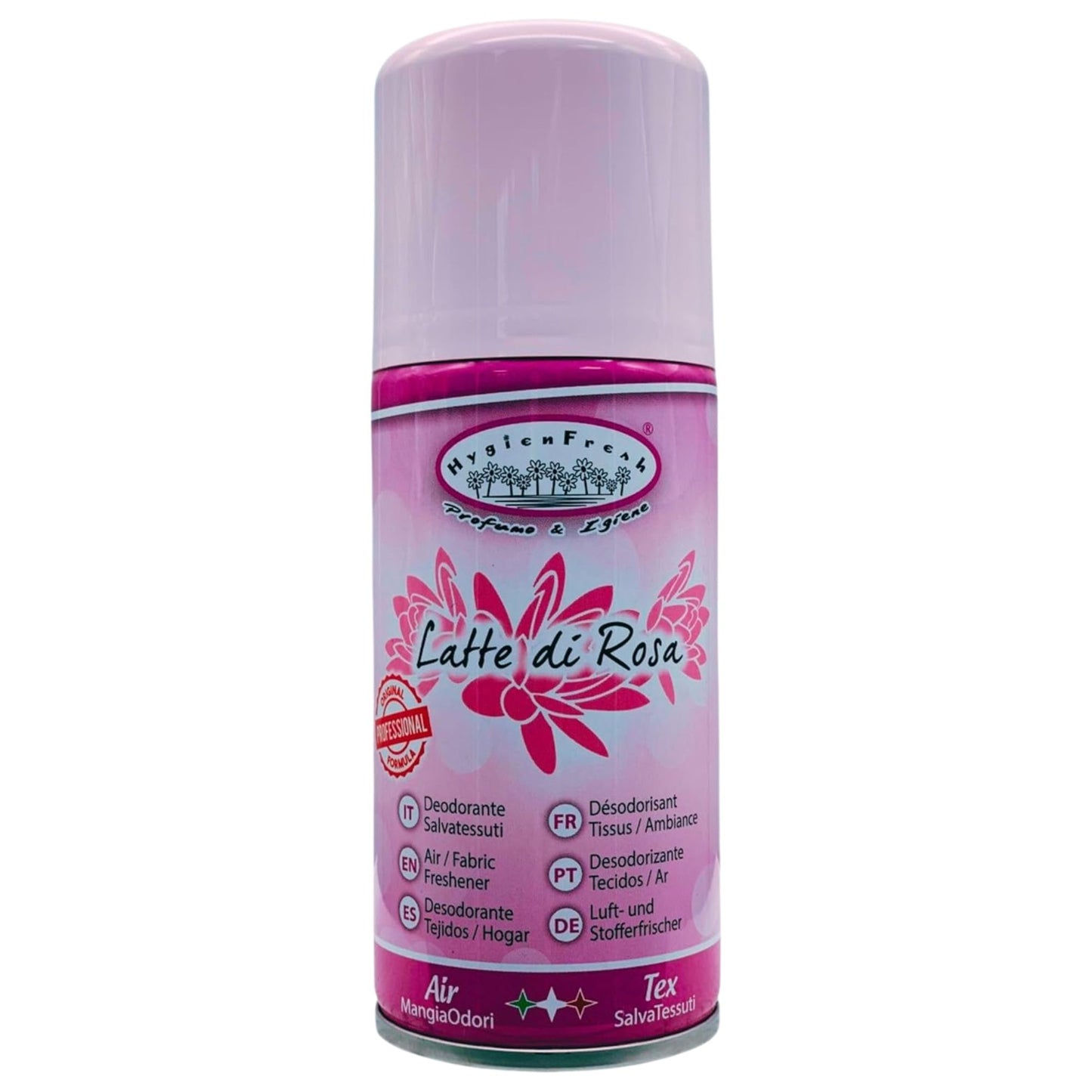 Hygienfresh Deodorante Spray LATTE DI ROSA, Salvatessuti Con Formula Mangiaodori. Lunga Durata, Elimina Cattivi Odori, Utilizzabile Su Tutti i Tessuti 150ml
