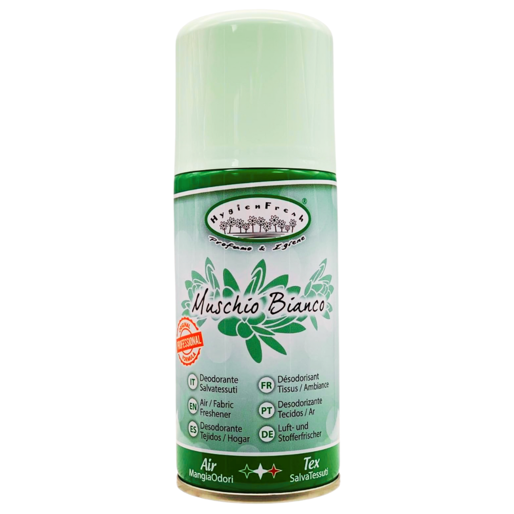 Hygienfresh Deodorante Spray MUSCHIO BIANCO, Salvatessuti Con Formula Mangiaodori. Lunga Durata, Elimina Cattivi Odori, Utilizzabile Su Tutti i Tessuti 150ml