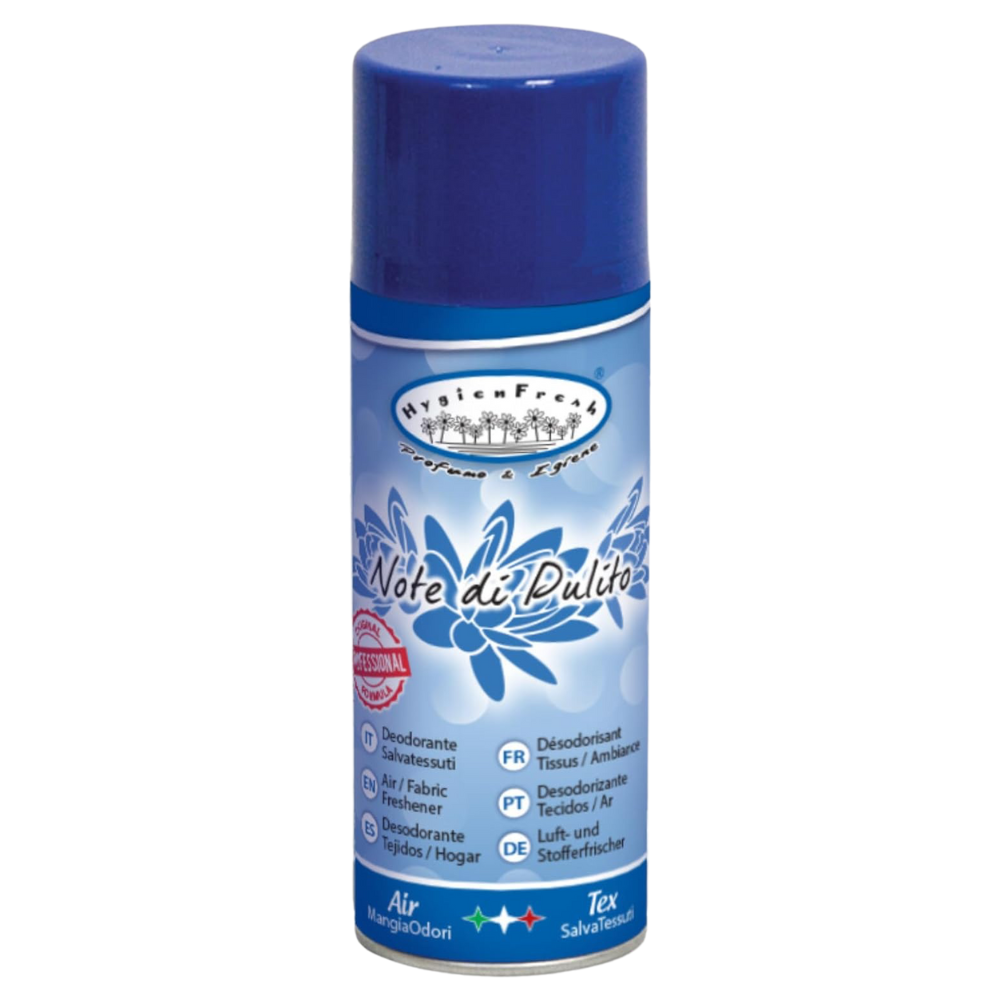 Hygienfresh Deodorante Spray NOTE DI PULITO, Salvatessuti Con Formula Mangiaodori. Lunga Durata, Elimina Cattivi Odori, Utilizzabile Su Tutti i Tessuti 150ml