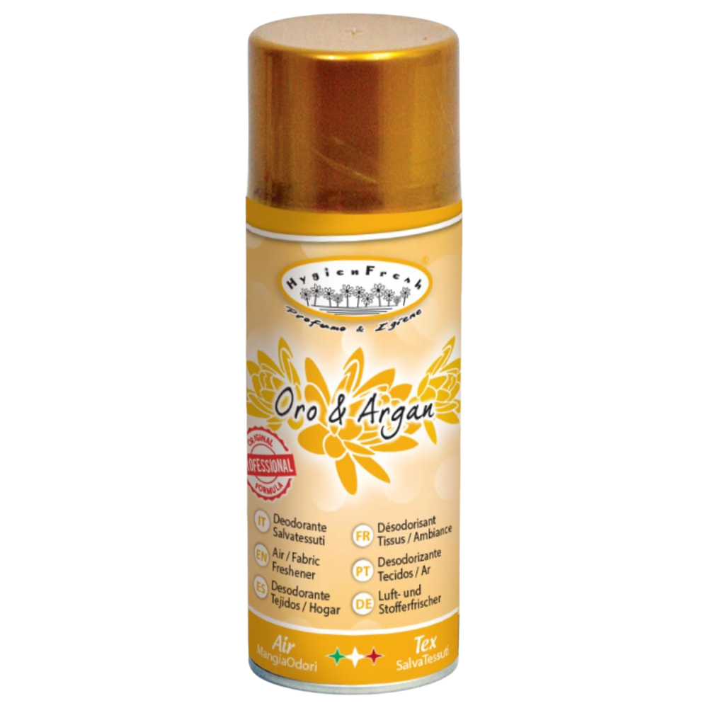 Hygienfresh Deodorante Spray ORO & ARGAN, Salvatessuti Con Formula Mangiaodori. Lunga Durata, Elimina Cattivi Odori, Utilizzabile Su Tutti i Tessuti 150ml