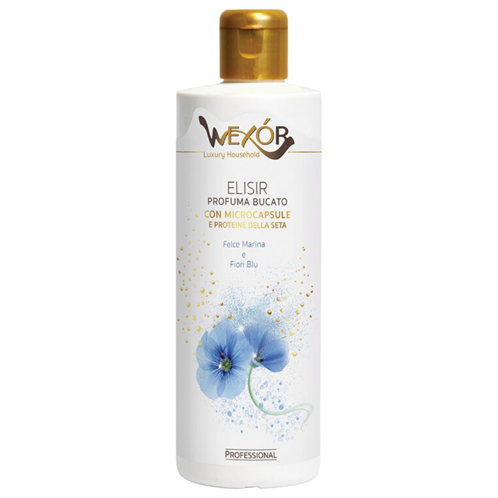 Wexór Elisir Profuma Bucato Con Microcapsule e Proteine Della Seta. Essenza Profumata Per Il Bucato FELCE MARINA E FIORI BLU 200ml