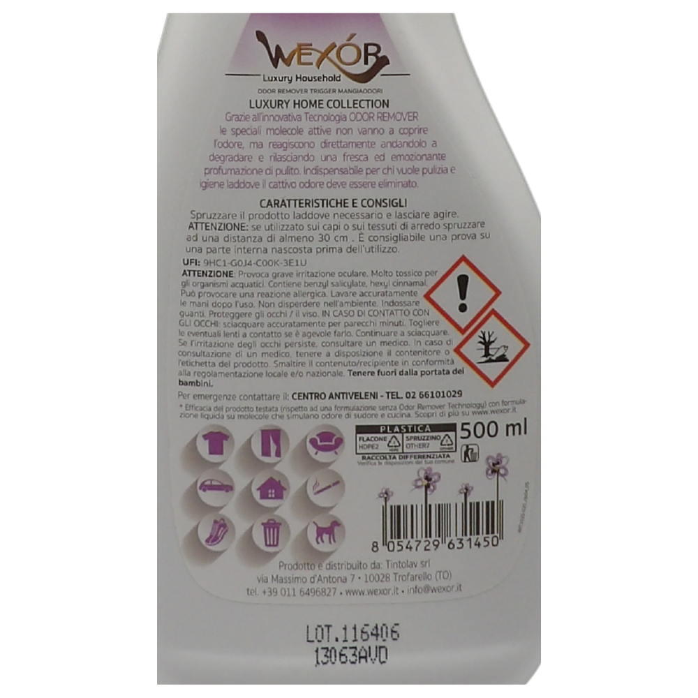 Wexór Spray ELIMINA ODORI Per Tessuti e Ambienti. Arricchito Con L’Innovativa Tecnologia ODOR REMOVER, Rilasciando Una Fresca Ed Emozionante Profumazione Di Pulito 500ml