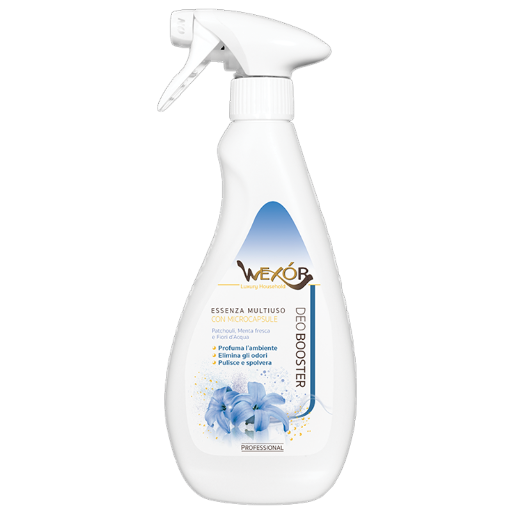 Wexór DEOBOOSTER Armonia Blu, Essenza Multiuso Spray con Microcapsule Lunghissima Durata. Profumo Di PATCHOULI, MENTA FRESCA e FIORI D'ACQUA 750ml