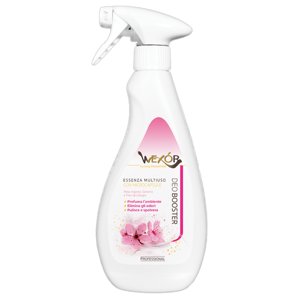Wexór DEOBOOSTER Armonia Rosa, Essenza Multiuso Spray con Microcapsule Lunghissima Durata. Profumo Di ROSA INGLESE, GERANIO e FIORI DI CILIEGIO 750ml