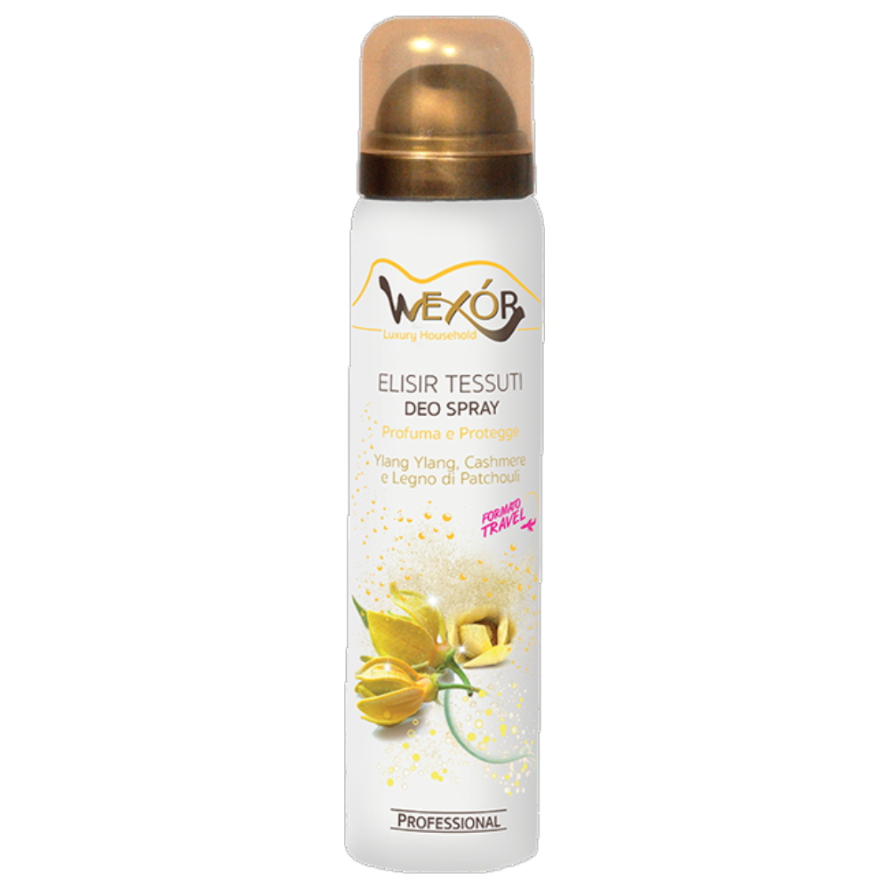 Wexór Deo Spray Formato Travel ELISIR TESSUTI Profuma e Protegge. YLANG YLANG, CASHMERE e LEGNO DI PATCHOULI, Una Fragranza Raffinata, Intensa e Preziosa 100ml