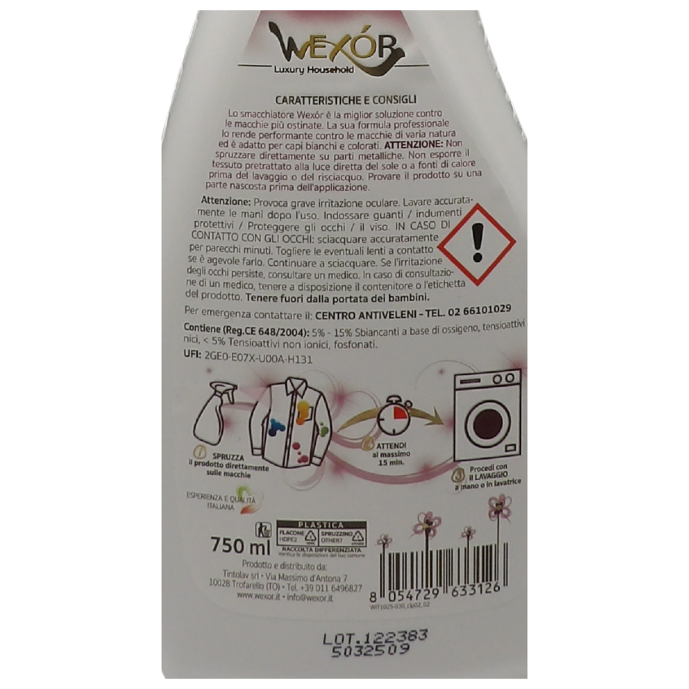 Wexór SMACCHIATORE Spray PRETRATTANTE SCHIUMA ATTIVA, Formula Ampio Spettro, Per Bianchi e Colorati 750ml