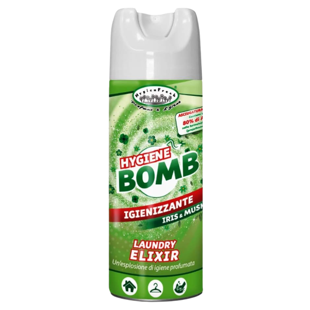 HygienFresh HYGIENE BOMB, Alcool 80%, Spray Igienizzante Per Tessuti e Superfici 400ml