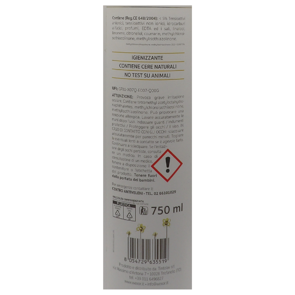Wexór Elisir LAVA INCERA Detergente In Gel Con Cera Carnauba Igienizzante. Profumo Intenso Di ZAGARA, FIOR DI LOTO e ACCORDO MEDITERRANEO a Lento Rilascio Grazie Alle Microcapsule 750ml
