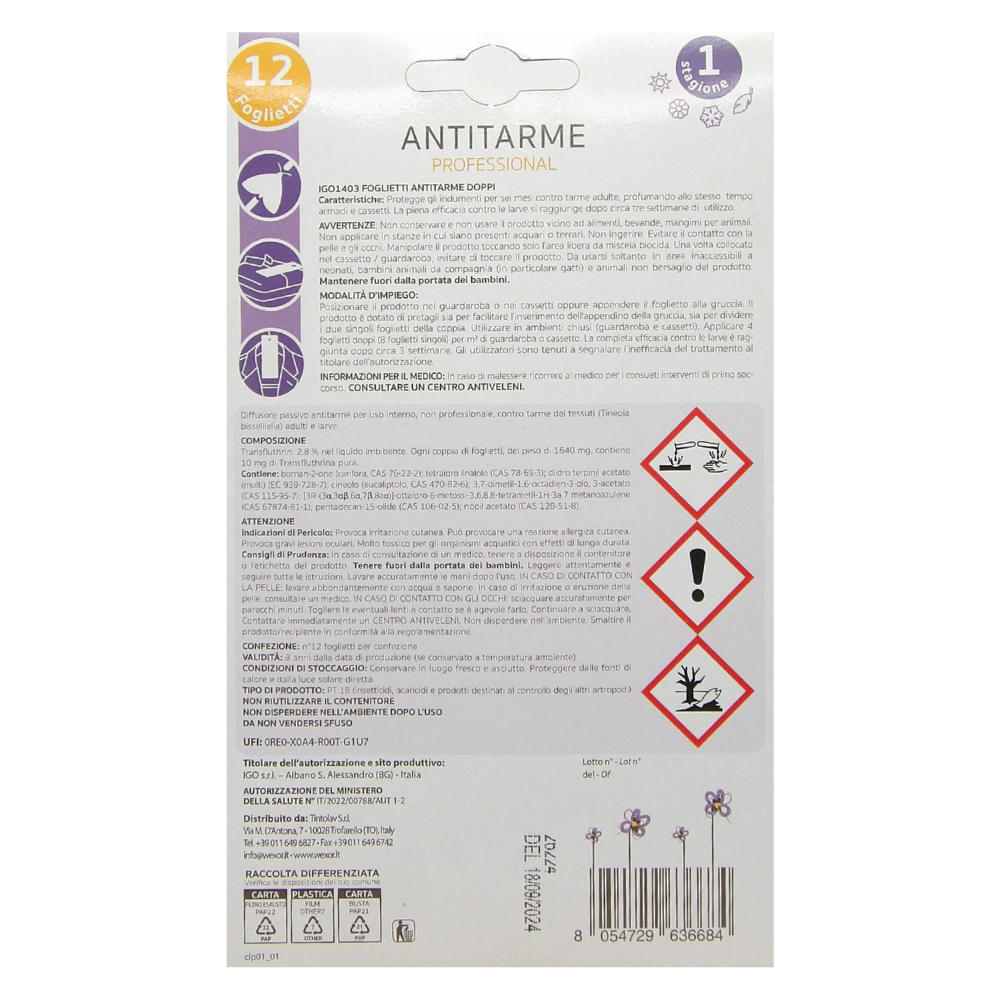 Wexór ANTITARME Professional Confezione Da 12 Foglietti. Elimina Le Tarme Adulte e Le Larve. Rilascia Una Delicata Profumazione Di FIORI DI PROVENZA