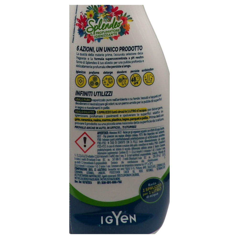 SPLENDEO Detergente Multiuso Spray, Il Profumatore Igienizzante Superconcentrato, FRESCHEZZA DI MONTAGNA. Deterge a Fondo, Rimuove Germi e Batteri, 48h Di Pulito Profumato 750ml