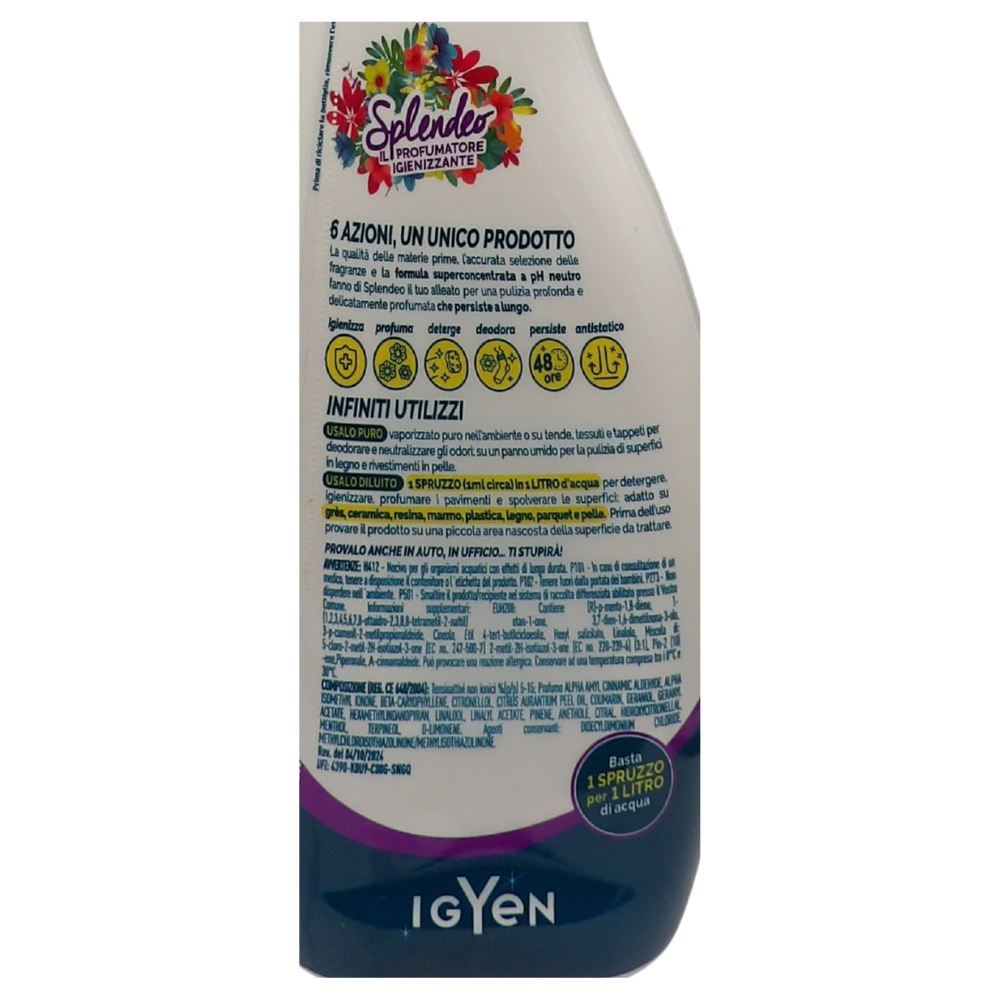 SPLENDEO Detergente Multiuso Spray, Profumatore Igienizzante Superconcentrato, MAGIA DI FRUTTA. Deterge, Rimuove Germi e Batteri. Per Ambienti, Tessuti, Superfici, Pavimenti 750ml