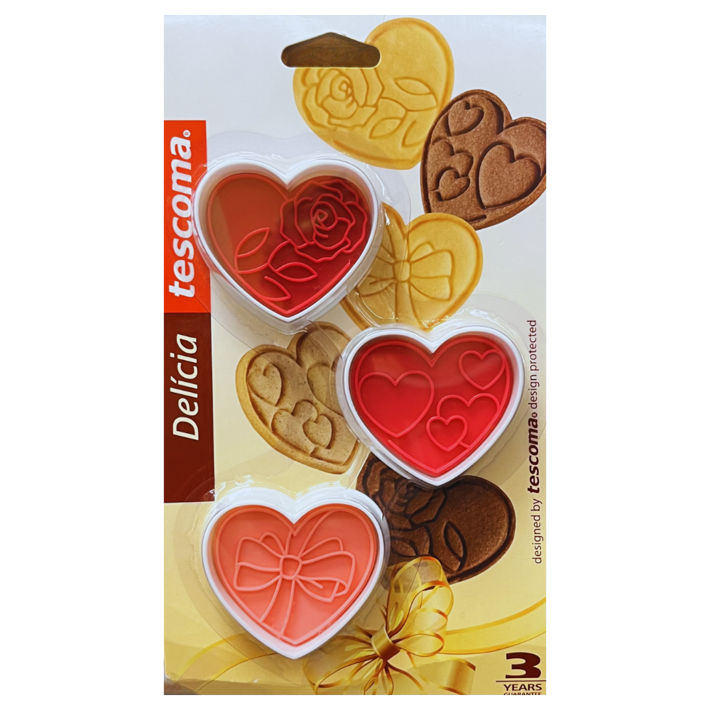 Tescoma Linea Delicia 630856 Tagliabiscotti Con Timbro CUORI, Ideali Per Preparare Biscotti Di Pasta Frolla e Pan Di Zenzero. Confezione Da 3 Pezzi