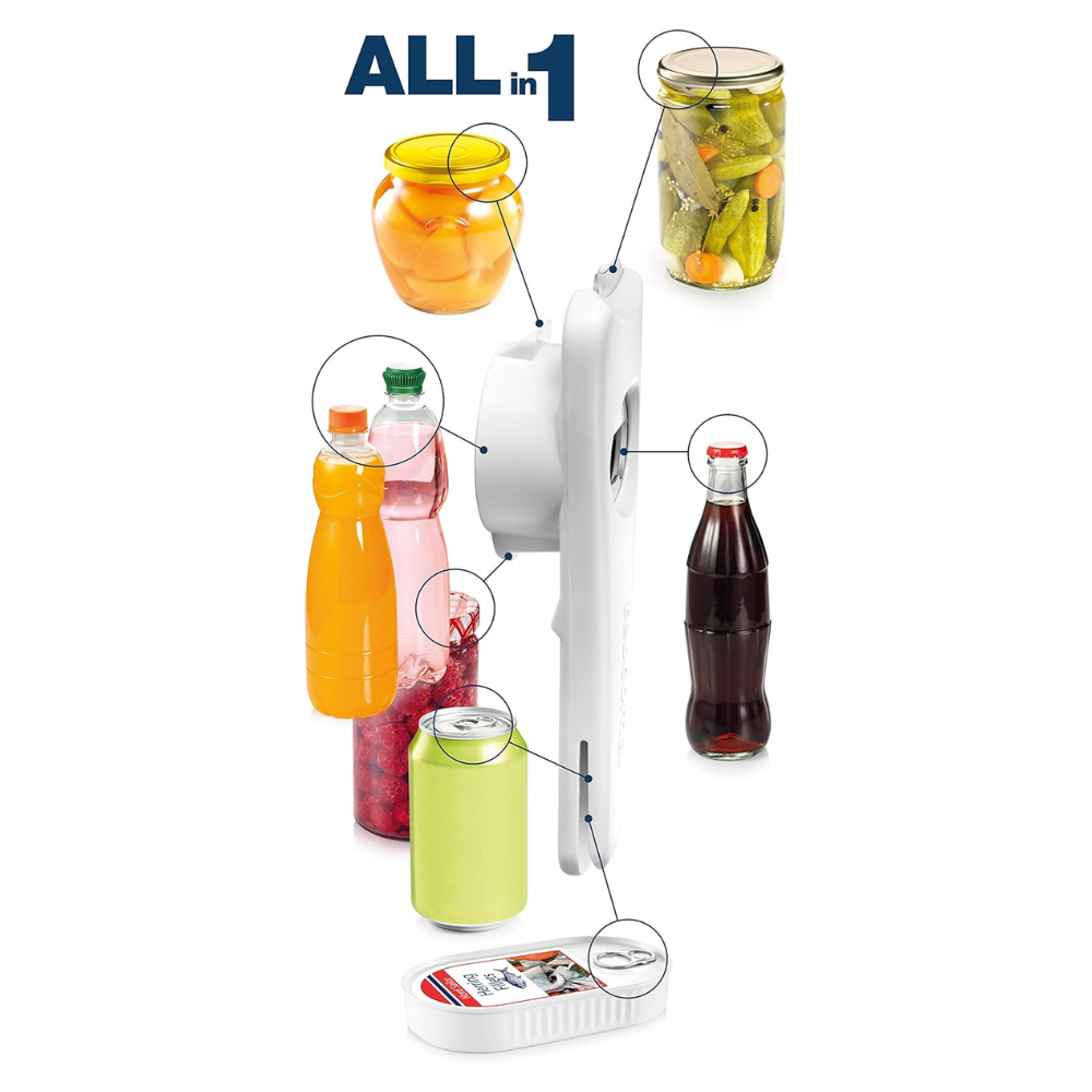Tescoma 420237 Linea Presto APRIBARATTOLI Multifunzionale All In 1. Ideale Per Aprire Senza Fatica Bottiglie Con Tappo a Capsula o Le Comuni Bottiglie In Plastica, Ma Anche Scatolette e Lattine Con Apertura a Linguetta o Barattoli Con Coperchio a Vite