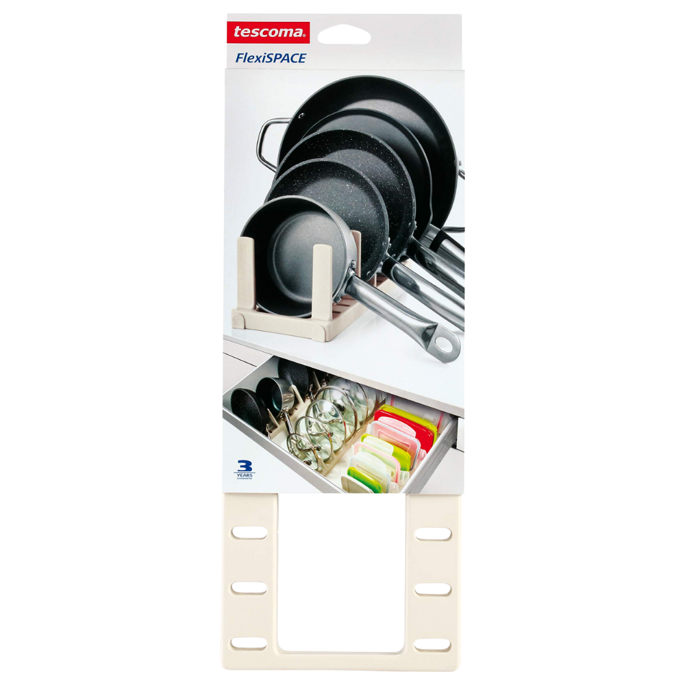 Tescoma 899482 FlexiSPACE Porta Padelle, Bianco 370×148 mm. Ideale Per Riporre Ordinatamente Fino a 5 Padelle ecc. Lo Spazio Per Le Padelle Può Essere Regolato In Base Alla Loro Dimensione. Con 4 Piedini Antiscivolo