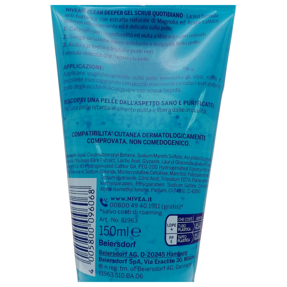 NIVEA Clean Deeper Gel Scrub Viso Quotidiano 150 ml, Esfoliante viso per brufoli e punti neri, Scrub viso donna e uomo antibatterico con estratto di magnolia e acido lattico