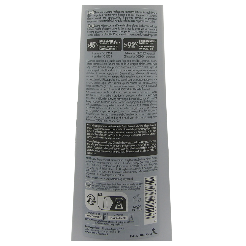 Alama Shampoo, ZERO STRESS, Serbo Regolatore -Pesantezza e Serbo +Purificazione e Volume 300ml