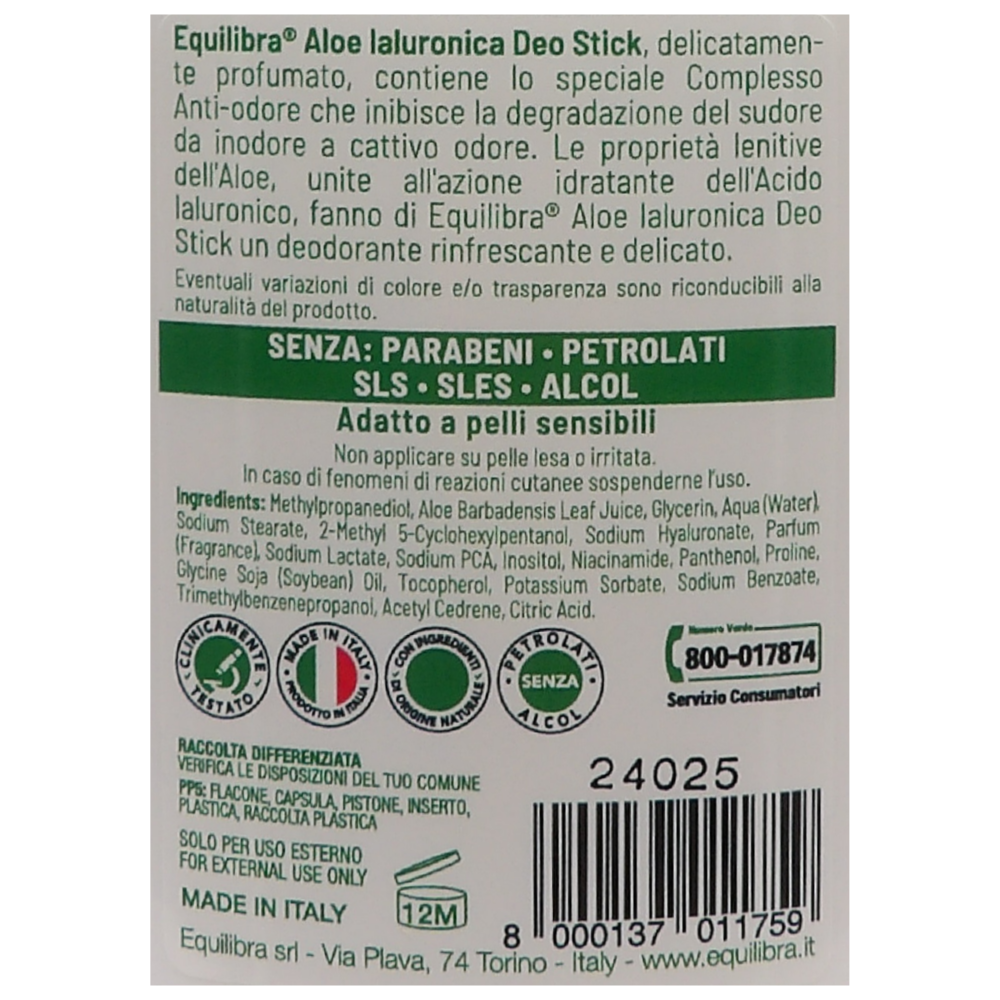 EQUILIBRA Deo Stick ALOE IALURONICA, FRESCHEZZA, 0% Alcool, Sls e Sles,Parabeni e Petrolati. Adatto Per Pelli Sensibili 50ml