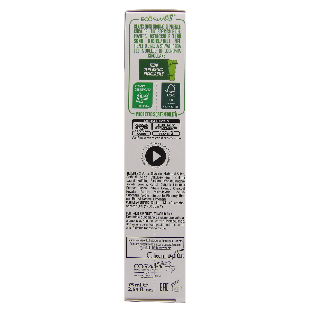 BLANX Dentifricio Black ai Carboni Attivi 100% Naturali, Rimuove Fino Al 100% Delle Macchie. Sbiancante ai Licheni Artici. Antimacchia, Non Abrasivo, Pasta Nera 75ml