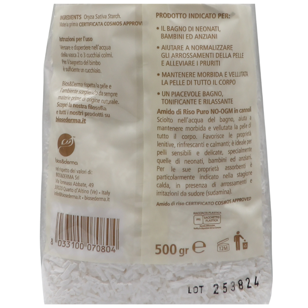 BIOS & DERMA Sali Da Bagno, AMIDO DI RISO PURO Da Bagno In Cannoli. Emoliente, Lenitivo e Rinfrescante. Privo Di Diossine e Senza Profumo. Non Trattato Con Radiazioni Ionizzanti 500g