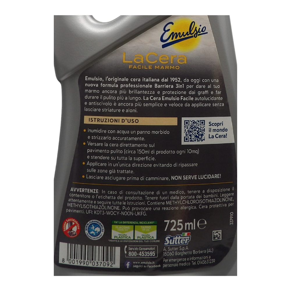Emulsio La Cera Facile Marmo Autolucidante per Pavimenti Formula Professionale Barriera 3in1 Protezione Brillantezza e Pulizia 725ml