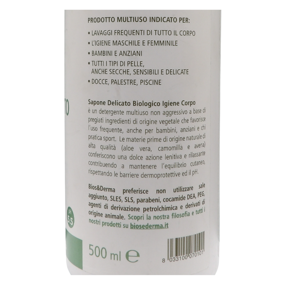 BIOS & DERMA Sapone Delicato Biologico, Igiene Corpo, Eco Bio Protettivo. Con Aloe Vera, Avena e Camomilla 500ml