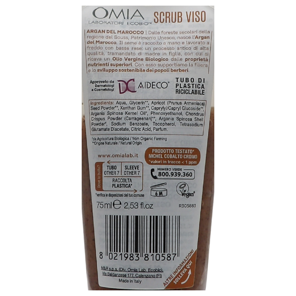Omia, Scrub Viso Eco Bio Con Olio di Argan del Marocco, Trattamento Esfoliante e Nutriente, Per Pelli Normali e Miste, Senza Siliconi, Dermatologicamente Testato - Flacone da 75 ml